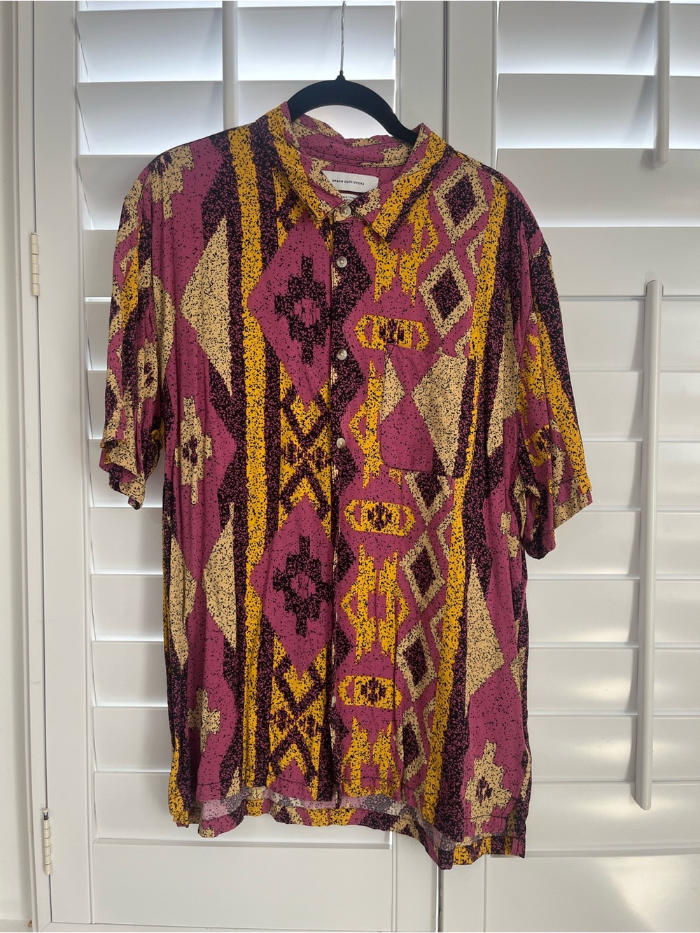 Urban Outfitters Purple and Yellow Geometric Short Sleeve Button Shirt